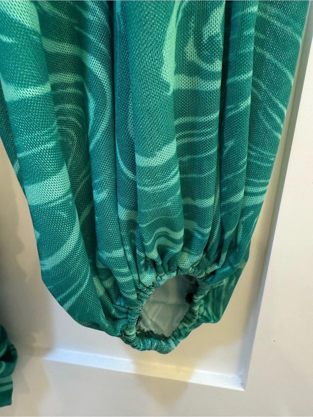 Luxxel Green Marble-Print Mini Dress with Bishop Sleeves